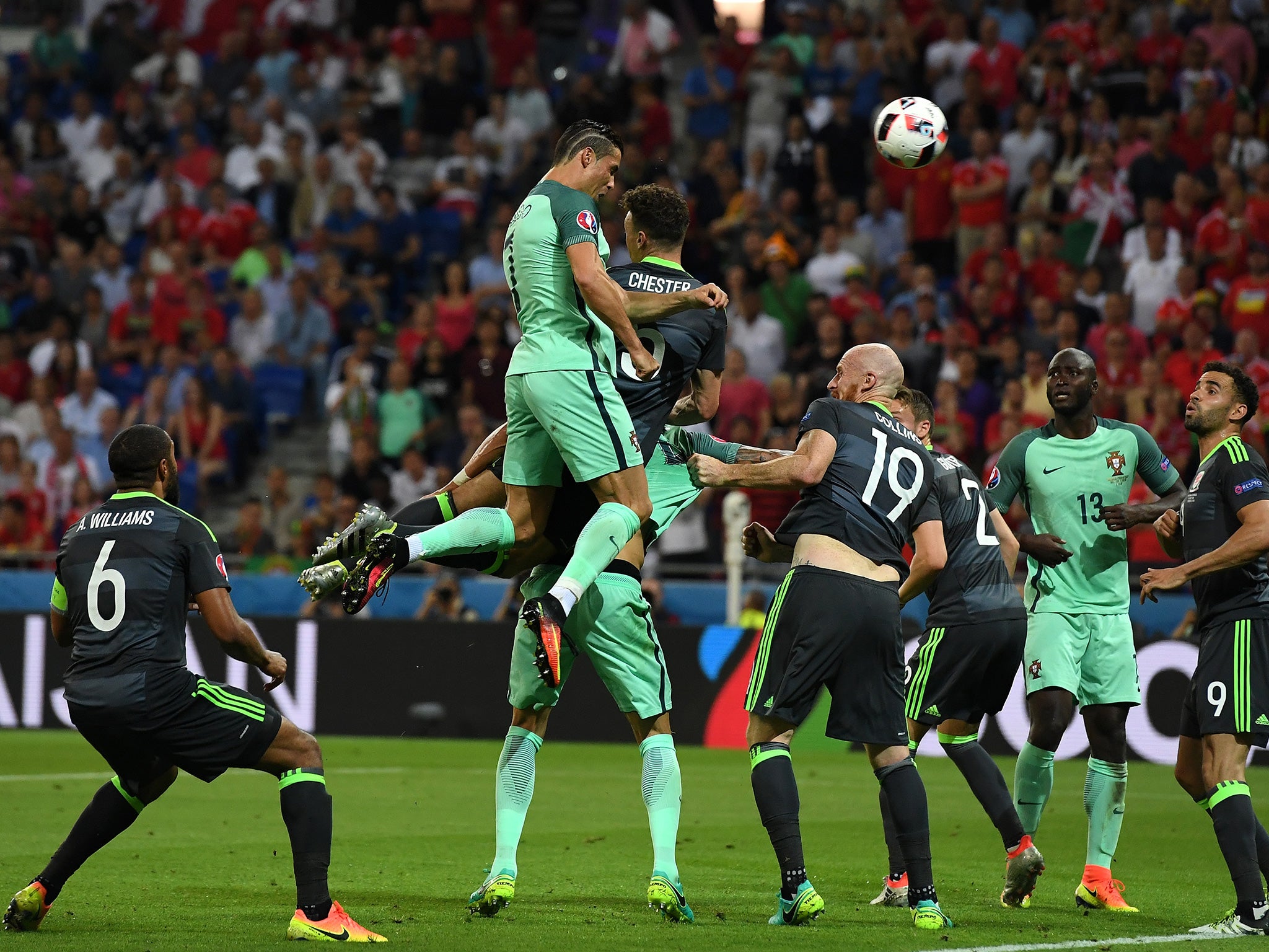Cristiano Ronaldo heading Portugal ahead against Wales in the UEFA Euro 2016 semi final in Lyon
