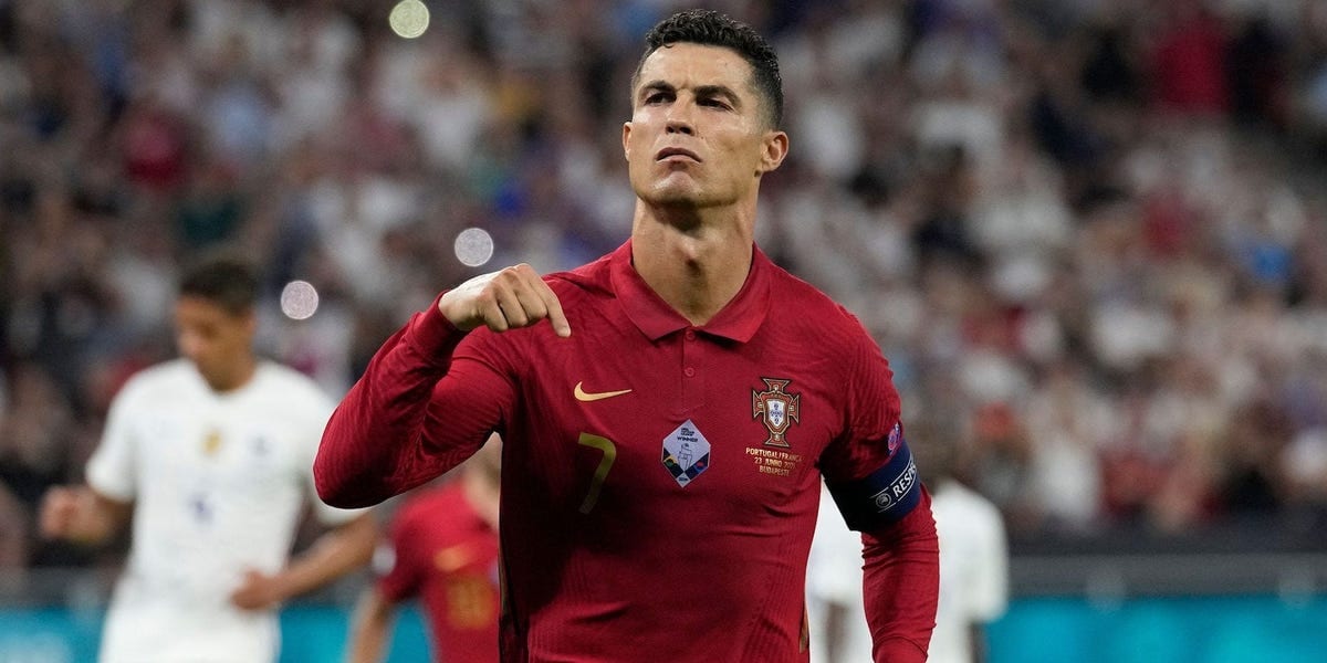 Cristiano Ronaldo celebrating for Portugal in the captain's armband at UEFA Euro 2020