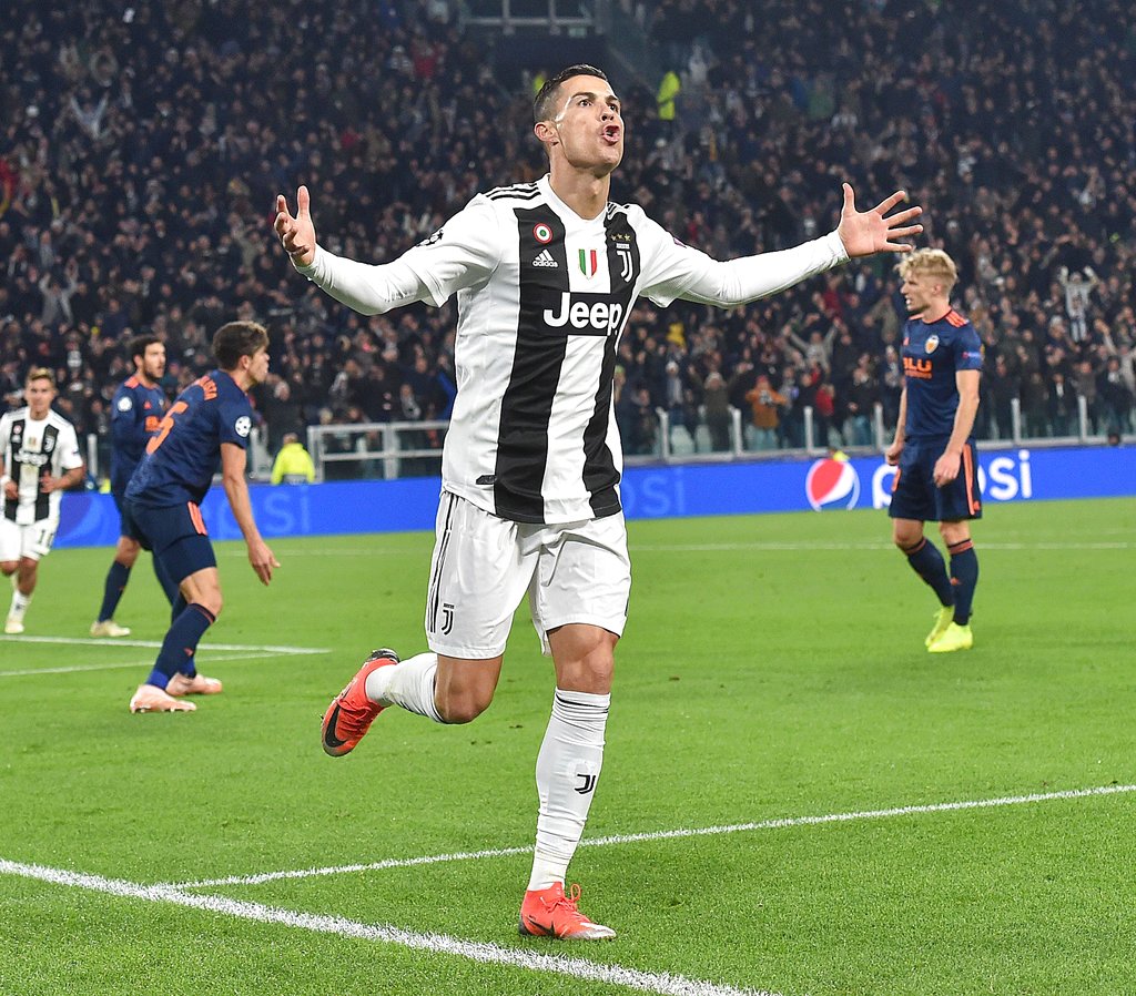 Cristiano Ronaldo celebrating for Juventus against Valencia in Turin in the 2018/19 UEFA Champions League