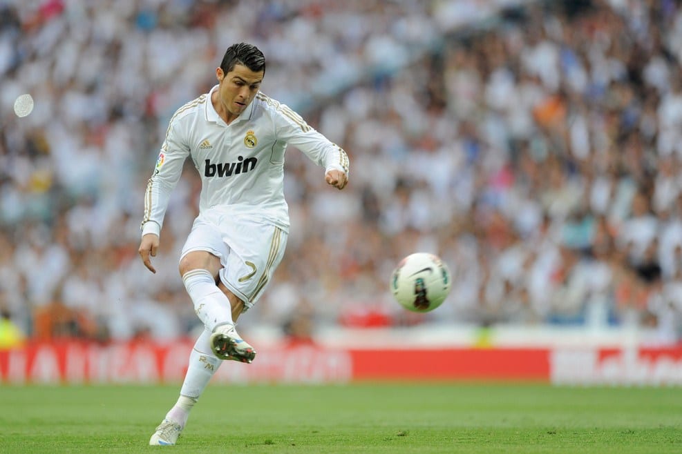 Cristiano Ronaldo striking the ball for Real Madrid at the Bernabeu in the record breaking 2011/12 season