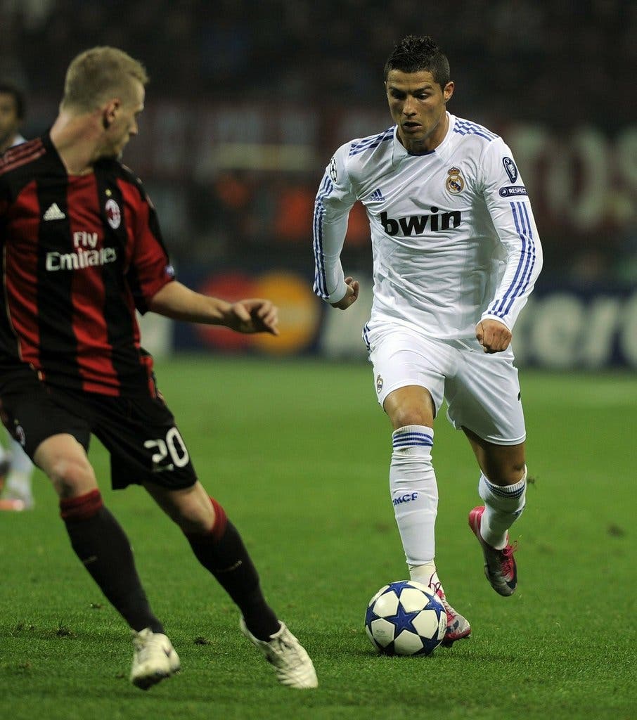 Cristiano Ronaldo on the ball for Real Madrid against AC Milan at San Siro in the 2010/11 UEFA Champions League