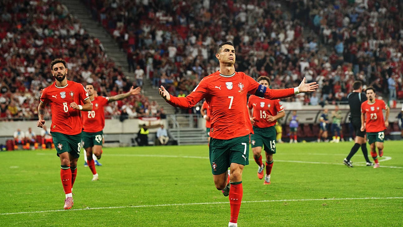 Cristiano Ronaldo, wearing the captain's armband, celebrating a goal for Portugal