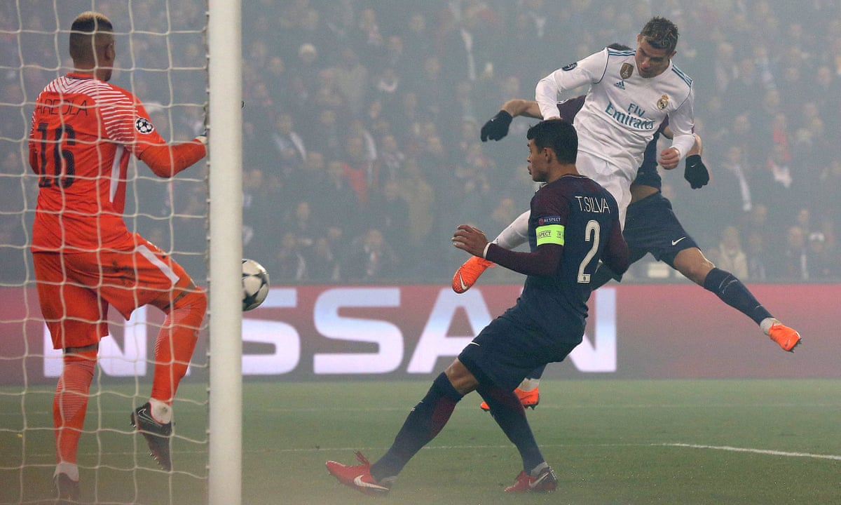 Cristiano Ronaldo heading a goal for Real Madrid against Paris Saint Germain in Paris in the 2017/18 UEFA Champions League